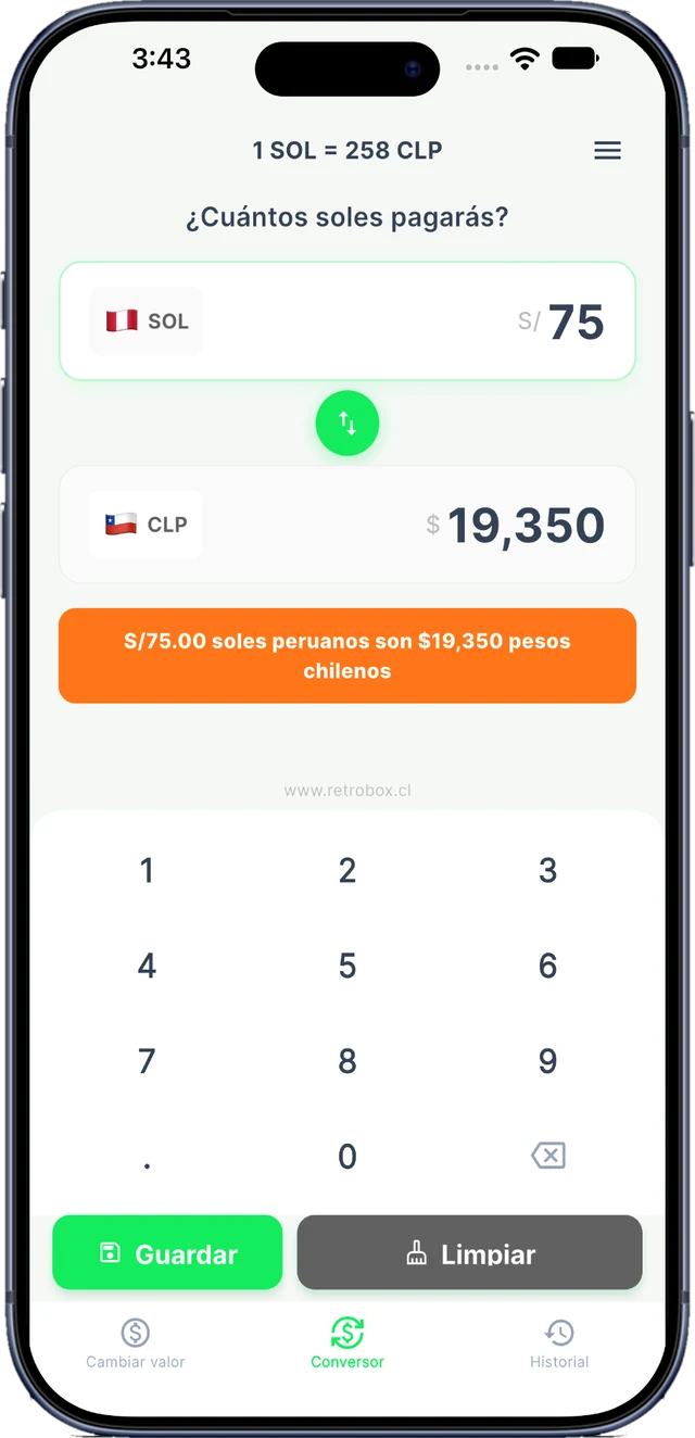 Pantalla principal de PE$OL con el conversor: S/ 75 equivale a $19.350